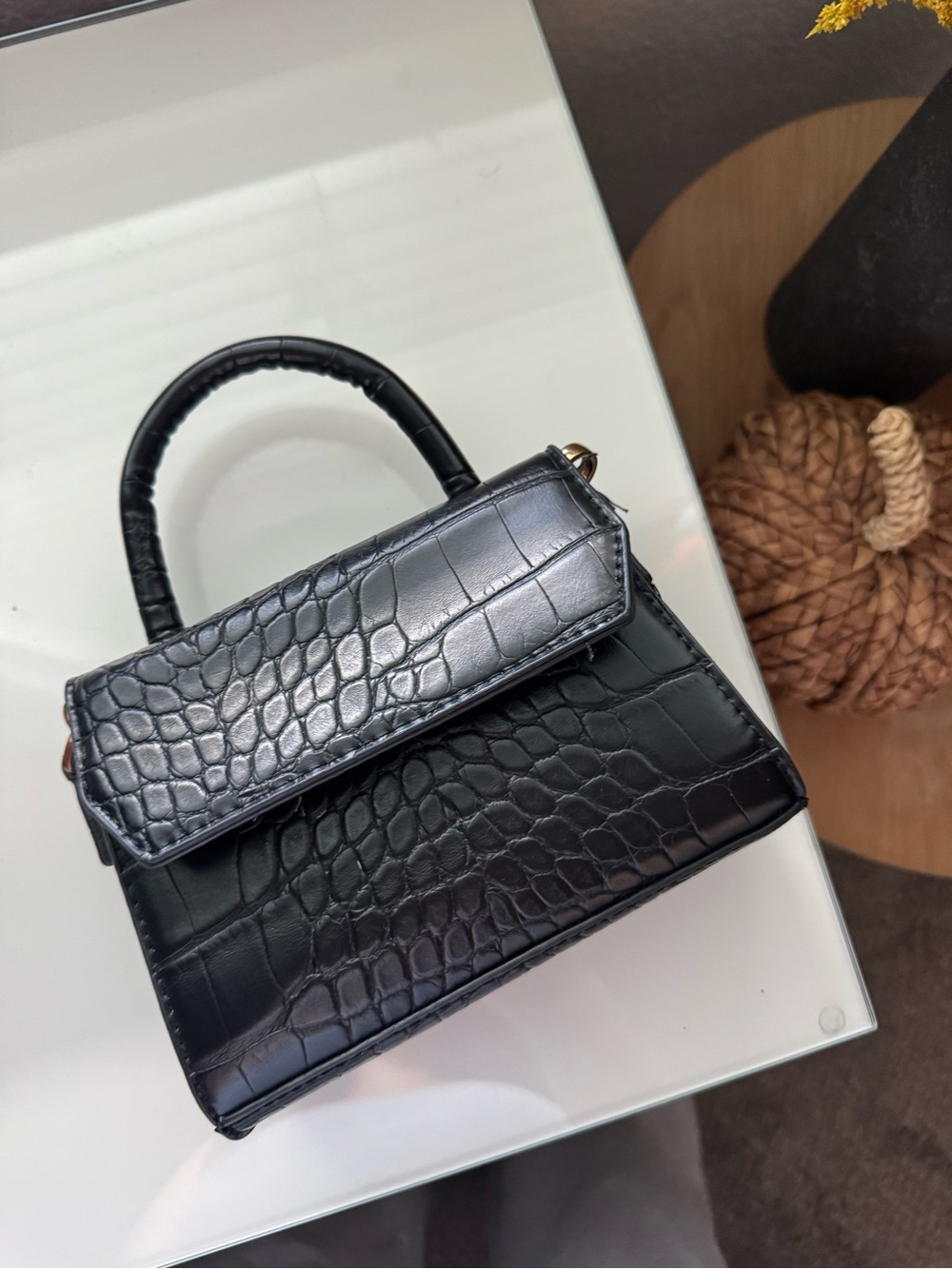 White Fox Boutique Black Croc-Embossed Mini Top Handle Bag